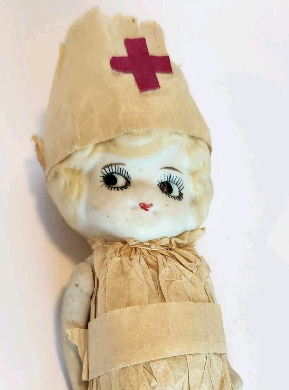 Antique 20s Bisque Porcelain Red Cross Nurse Doll 5.25” Flapper WW1 Clara Bow